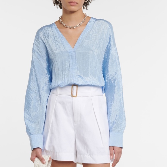 NEW! Vince Crinkled Satin Long Sleeve Double V-Neck Blouse Blue XS - Picture 7 of 16